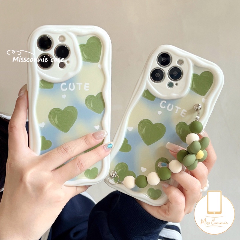 Bunga Gelang Case Untuk Realme C55 C53 C21Y C12 C25s C11 C15 C33 C35 C3 C1 C21 C30 C25 9i 5i 7i 6i 5s C20 C25Y C17 C31 C20A Cat Minyak Hijau Cinta Hati 3D Bergelombang Lengkung Penutup Tepi