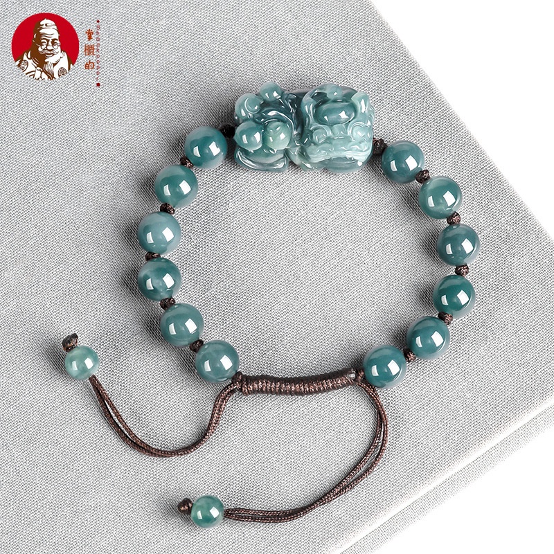 [Dengan sertiflkat  identiflkasi] Natural Batu giok, gelang Pixiu air biru, tali tangan tenunan tang