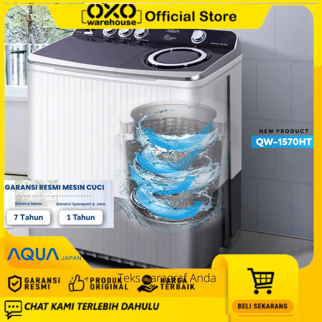 AQUA Mesin cuci 2 tabung QW-1570HT Antibakteri Stormwash Low Watt Pengering stainless Garansi resmi