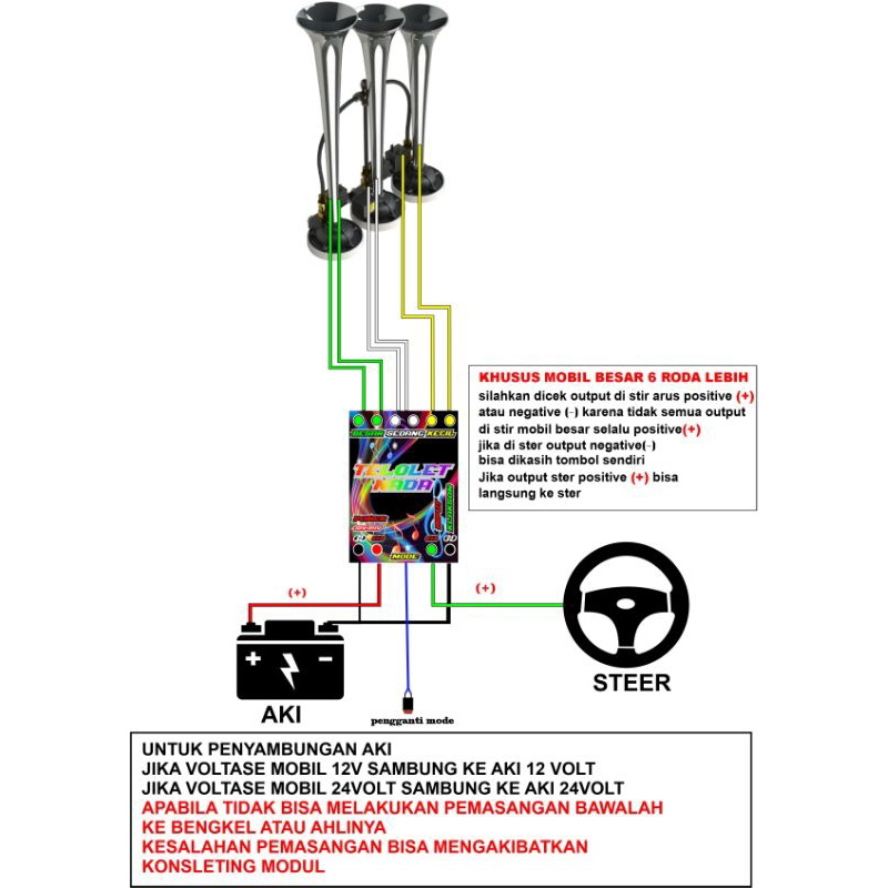 modul telolet 3 corong 17 nada lagu 12v 24v modul telolet basuri  (pemasangan pada stir klakson)