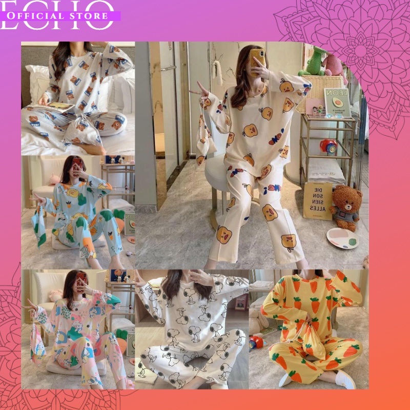 ECHO B14 - PAKAIAN WANITA BAJU TIDUR WANITA PIYAMA SET LENGAN PANJANG CELANA PANJANG PAKAIAN RUMAH W