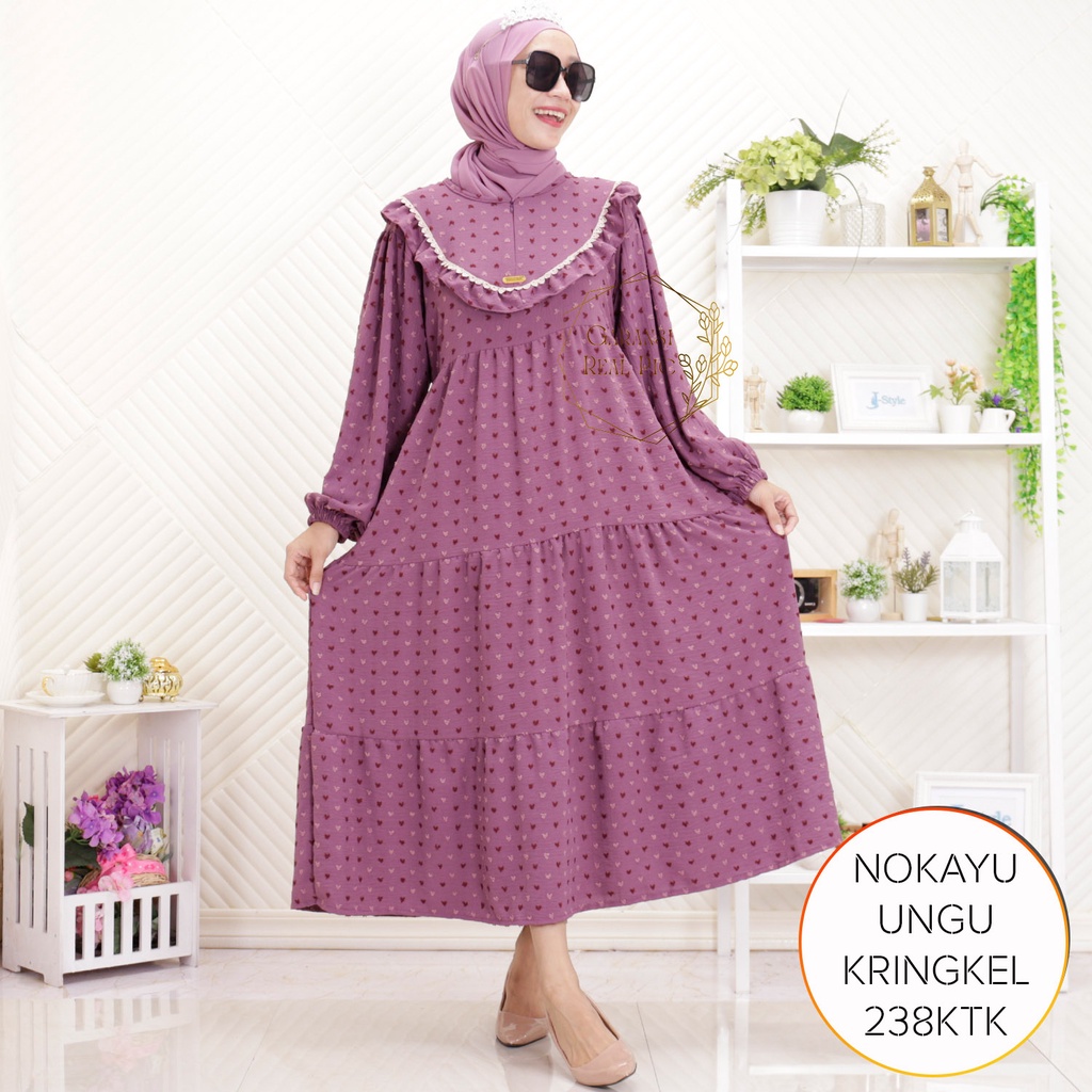 Midi Dress Ruby Crinkle Elegan Ruffel Renda Busui Friendly Umpak Susun Nokayu