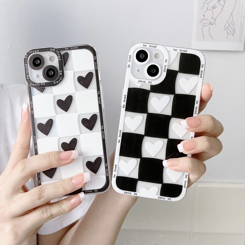 IPHONE Soft Case Pelindung Handphone Untuk Iphone14 13 12 11 Pro MAX X XR XS Max7 8 Plus Hitam Putih Cek love Hati