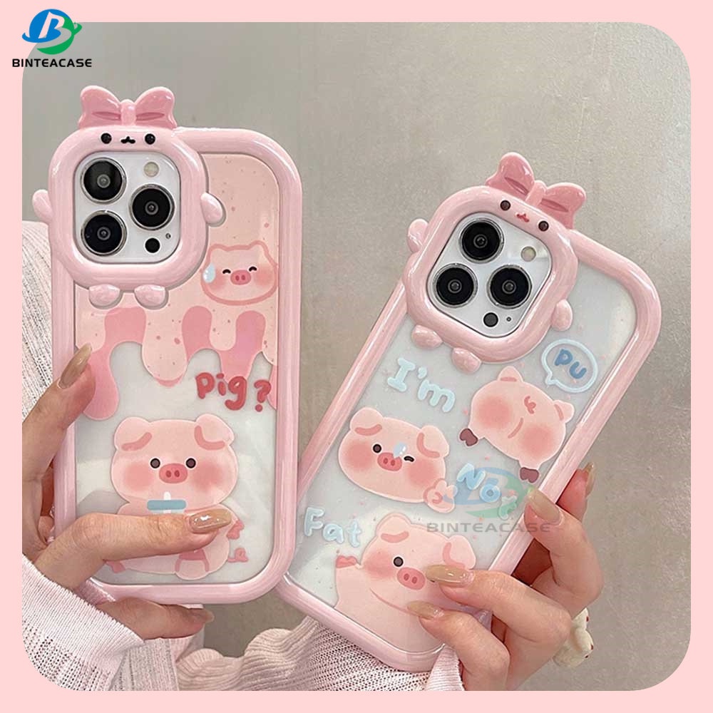 Oppo A17 A57 2022 A15 A16 A16K A54 A53 A12 A5S A7 A3S A11k A31 A52 A92 A94 A93 A37 F9 A1K Reno 5 A76 A96 A36 Kartun Lucu Babi Monster Kecil Frame Lensa Phone Case Binteacase