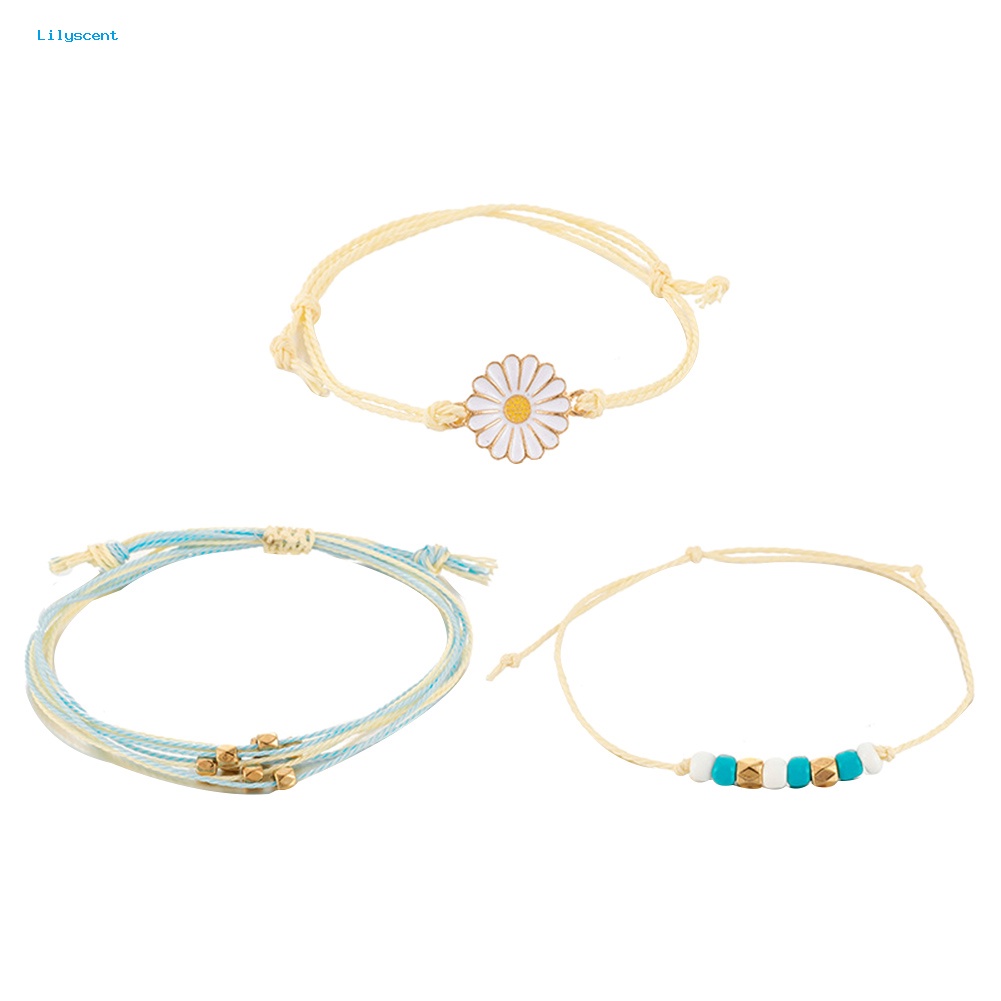 Lilyscent 3Pcs/Set Bohemian Wanita Manik Bunga Pesona Tali Gelang Bangle Perhiasan Hadiah