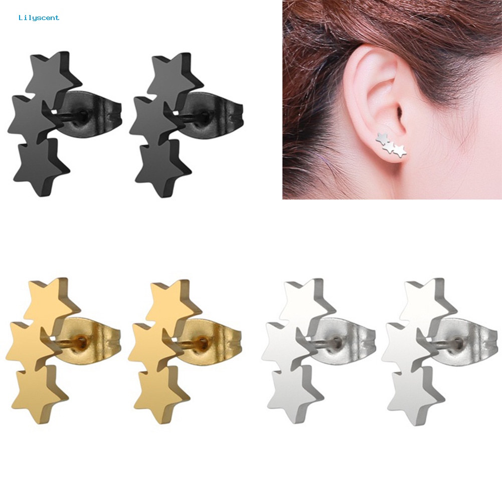 Lilyscent Chic Triple Star Ear Studs Stainless Steel Anting Wanita Tindik Perhiasan Pesona