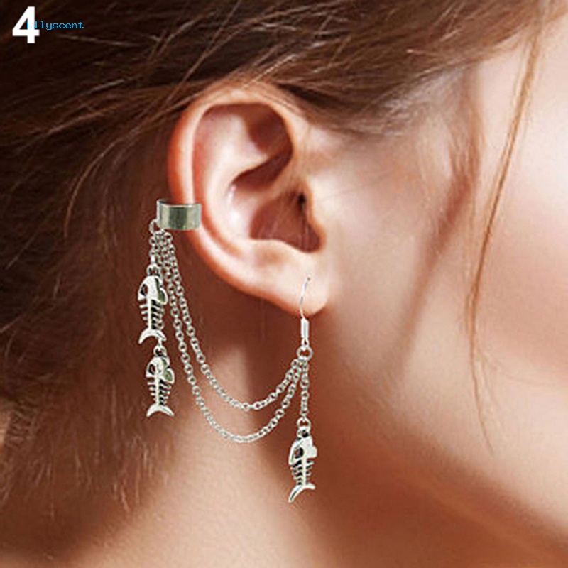 Lilyscent 1Pc Punk Jumbai Rantai Daun Ikan Salib Pesona Telinga Stud Cuff Earring Perhiasan Hadiah