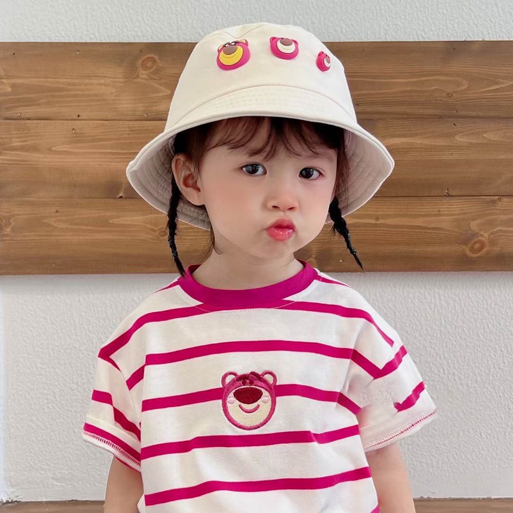 Pola Beruang Strawberry Lucu Anak-Anak Topi Nelayan Warna Permen Musim Panas Outdoor Kerai Cap