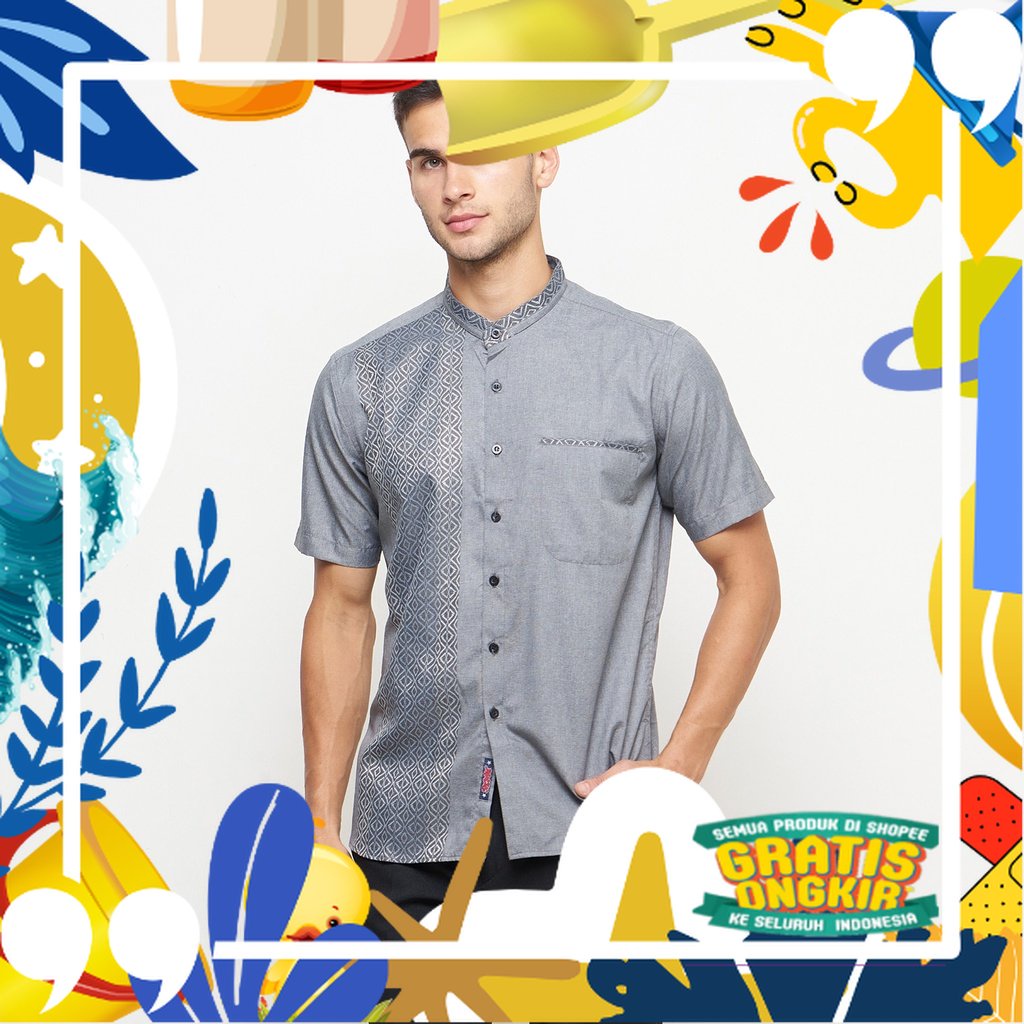 Baju Muslim Pria Kemeja Koko Kerah Shanghai Motif Lengan Pendek Warna Abu Muda OLRM042/ Pink Coklat 