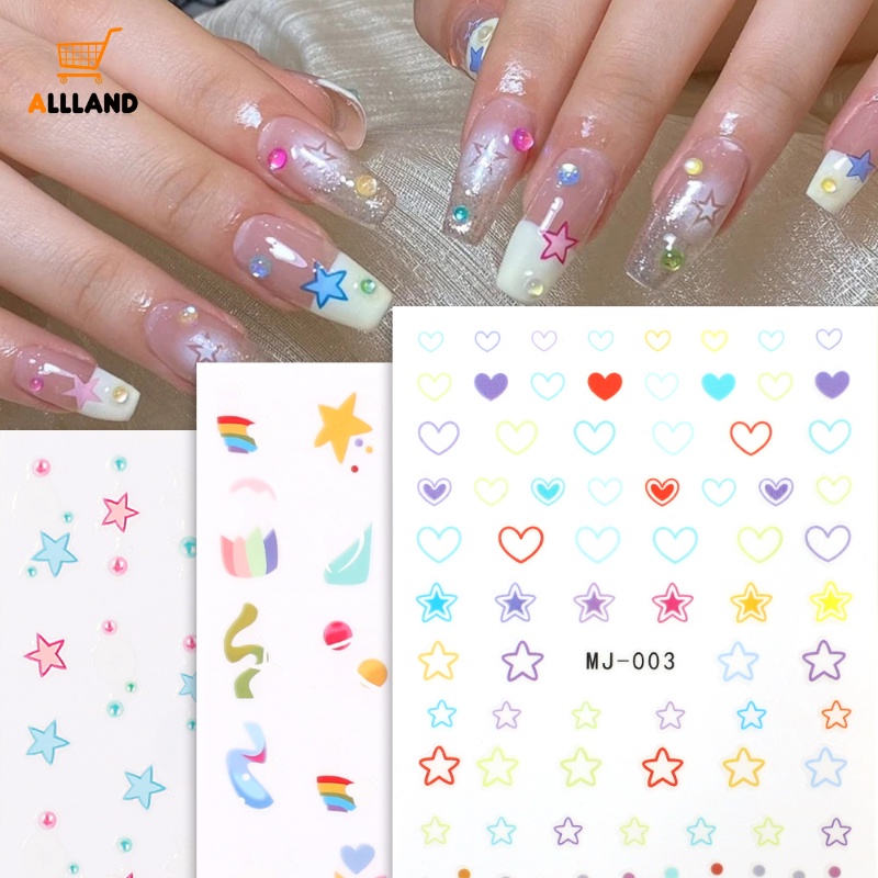 Korean INS Style Rainbows Star Love Heart Sequin Nail Decals/Stiker Nail Art Bulan Bintang Warna-Warni Dekorasi