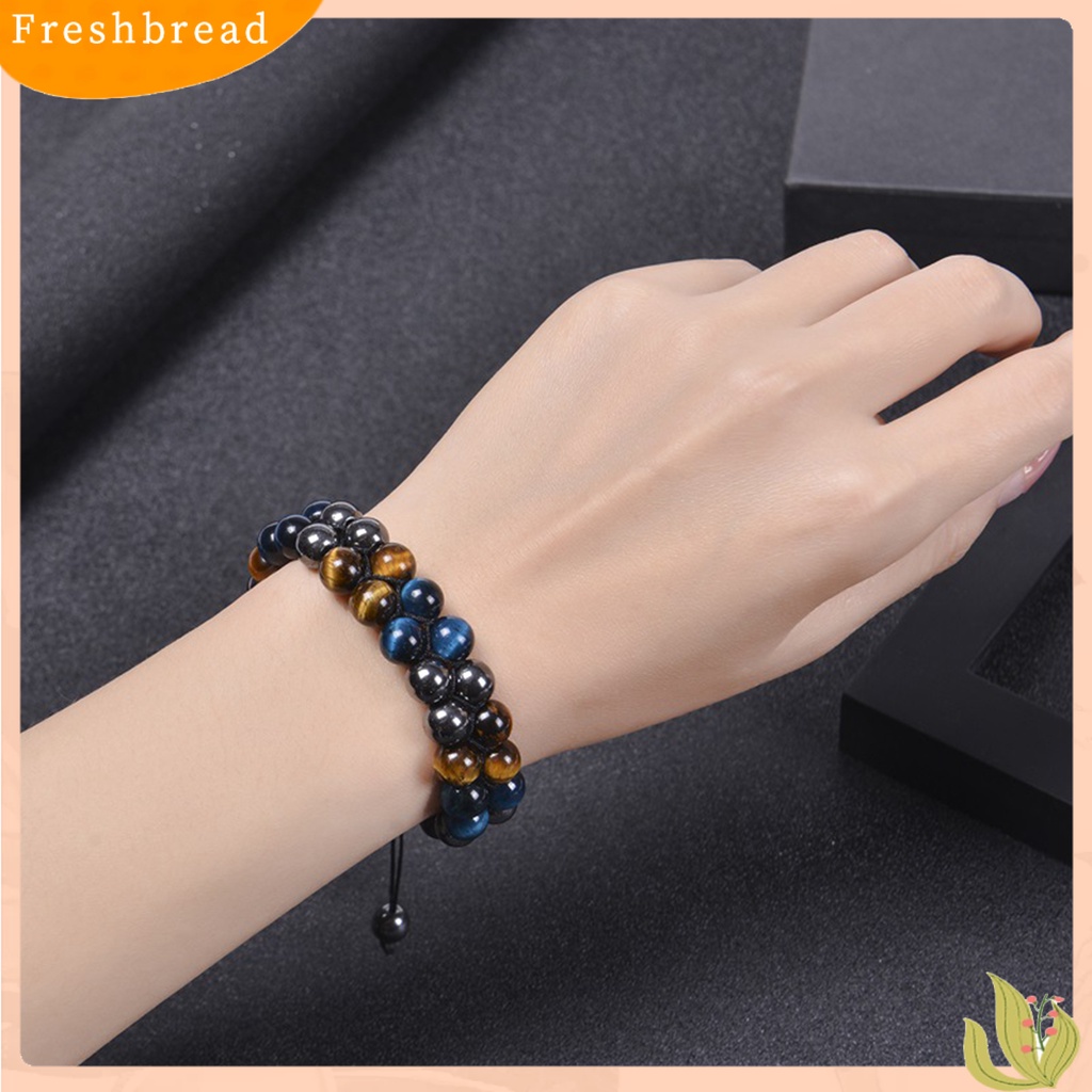 < Freshbread > ic Gelang 8mm Manik-Manik Bulat Double-layer Braided Natural Tiger Eye Stone Adjustable Hadiah Fashion Perhiasan Pria Wanita Penghilang Stress Penyembuhan Bangle Untuk Harian