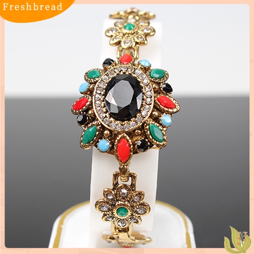 &lt; Freshbread &gt; Lady Vintage Bohemia Gelang Rantai Warna-Warni Resin Berlian Imitasi Berlapis Emas Bangle