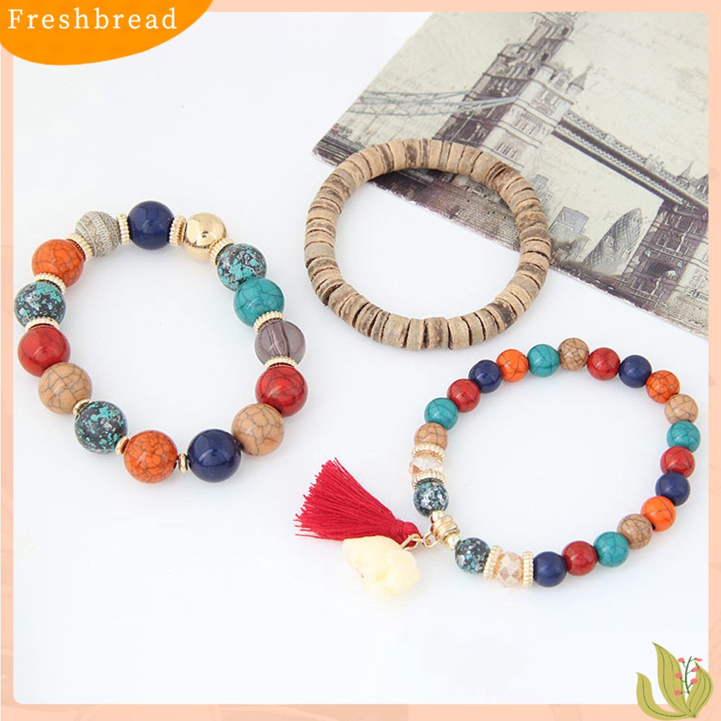 &lt; Freshbread &gt; 3Pcs/Set Tali Elastis Multilayer Resin Wanita Gelang Wanita Bohemia Gajah Rumbai Manik-Manik Gelang Perhiasan Aksesori