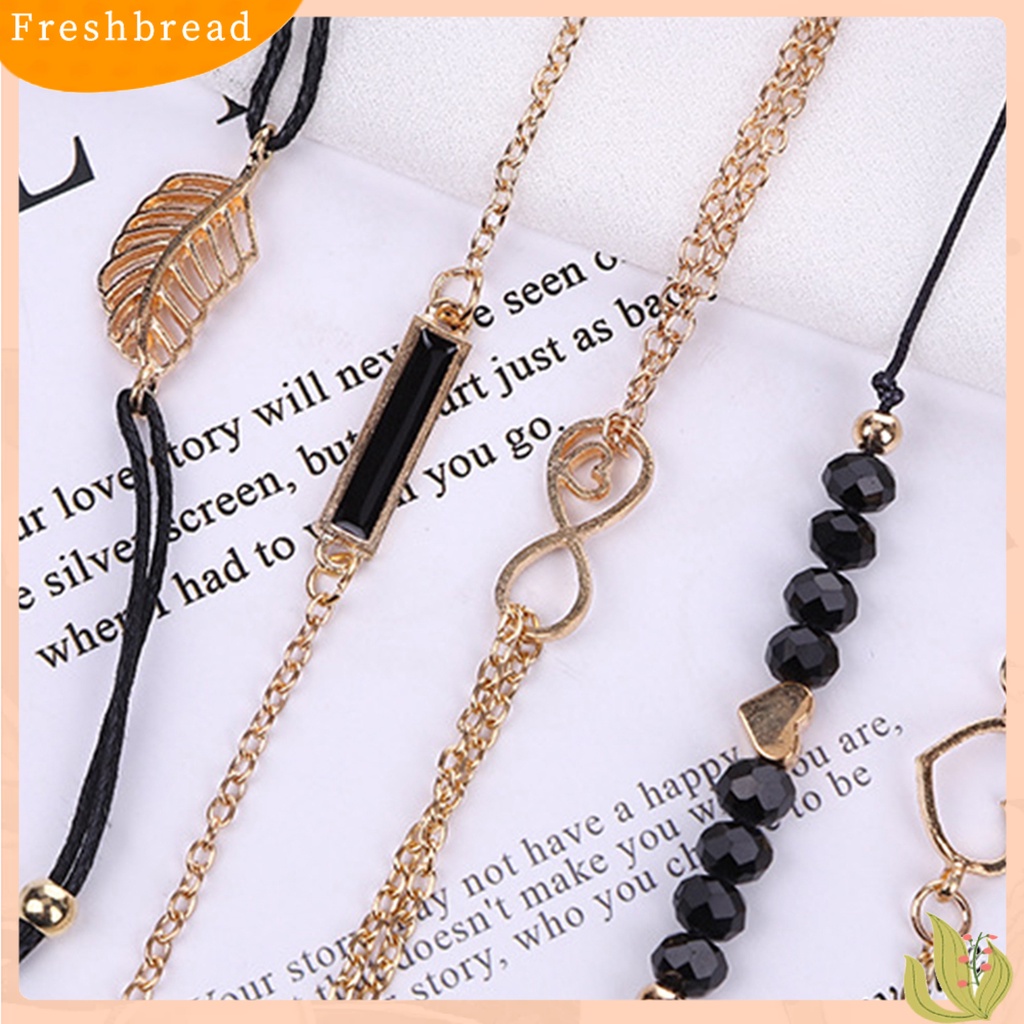 &lt; Freshbread &gt; 5Pcs/Set Gelang Rantai Beberapa Lapisan Handmade Tali Kombinasi Fashion Boho Geometris Daun Manik-Manik Berlapis Tangan Rantai Perhiasan Aksesori