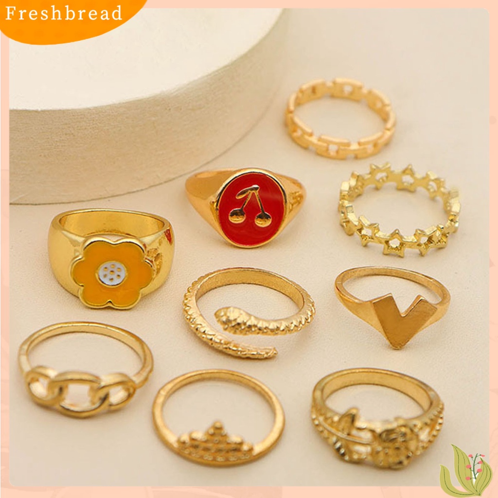 &lt; Freshbread &gt; 10 Pcs Cincin Buku Jari Ular Bintang Bunga Cherry Tetes Minyak Indah Rings Perhiasan Aksesoris