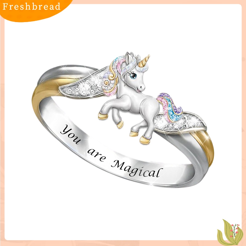 &lt; Freshbread &gt; Fashion Wanita Desain Unicorn Berlian Imitasi Huruf Ukiran Alloy Cincin Perhiasan Hadiah