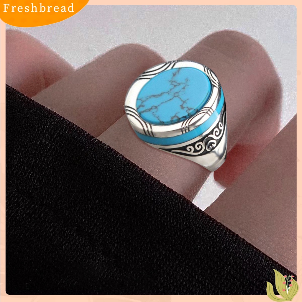 &lt; Freshbread &gt; Electroplating Polishing Lebar Pria Cincin Punk Retro Pola Ukir Faux Turquoise Ring Perhiasan Aksesoris