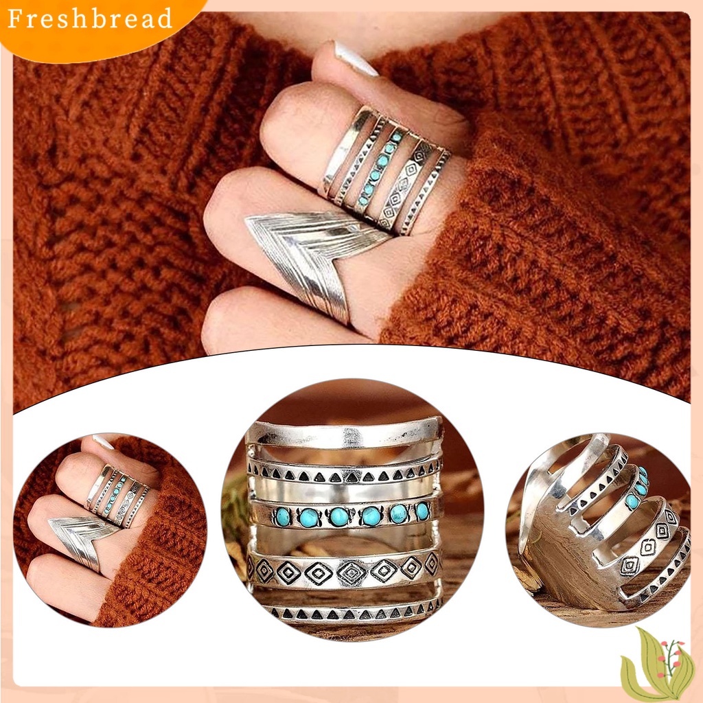 &lt; Freshbread &gt; Wanita Cincin Multilayer Lebar Pirus Dekorasi Simbol Pola Berongga Bohomia Bersama Cincin Perhiasan Aksesoris