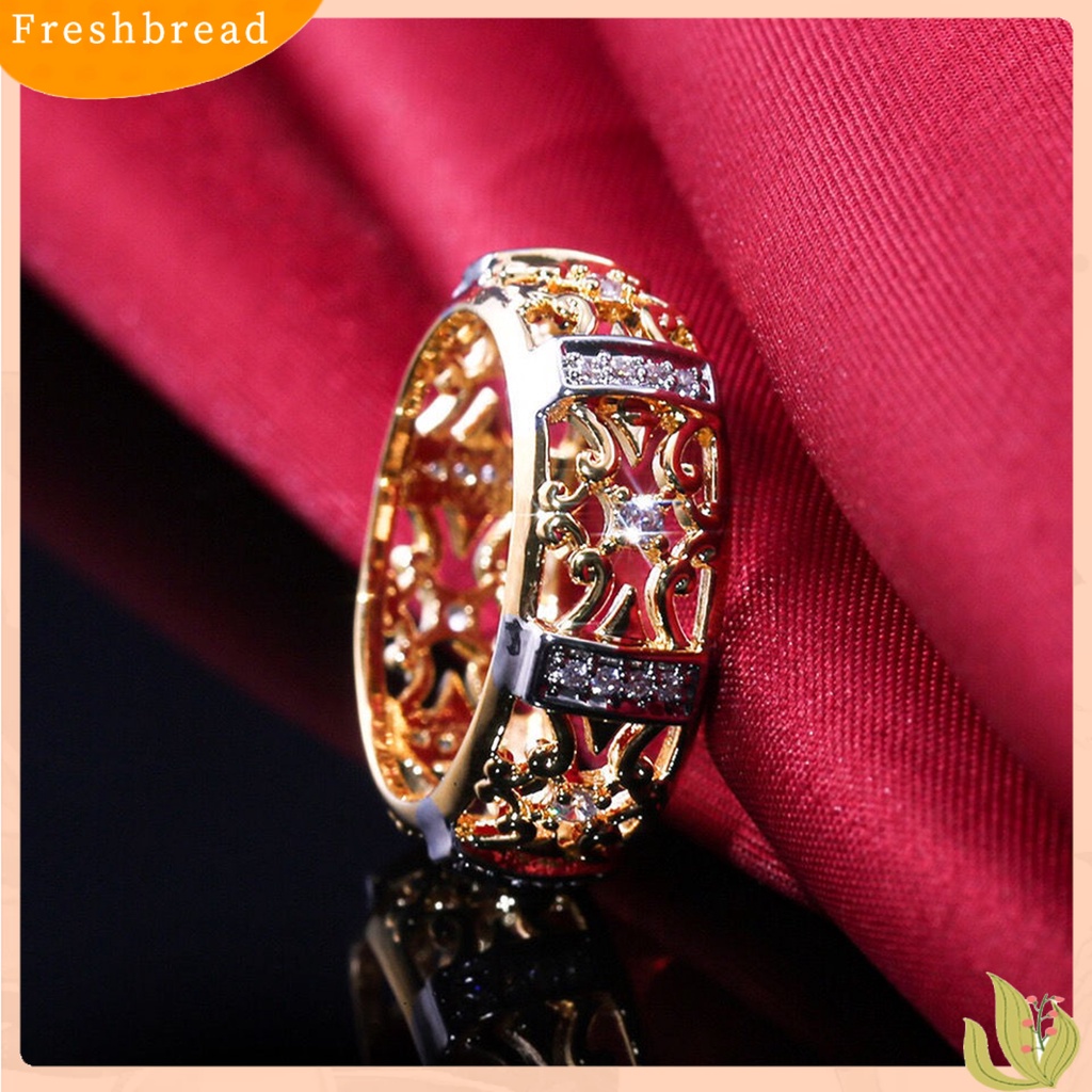 &lt; Freshbread &gt; Wanita Cincin Gaya Vintage Berongga Ukiran Dua Warna Kuno Bling Cubic Zirconia Ladies Finger Ring Fashion Jewelry