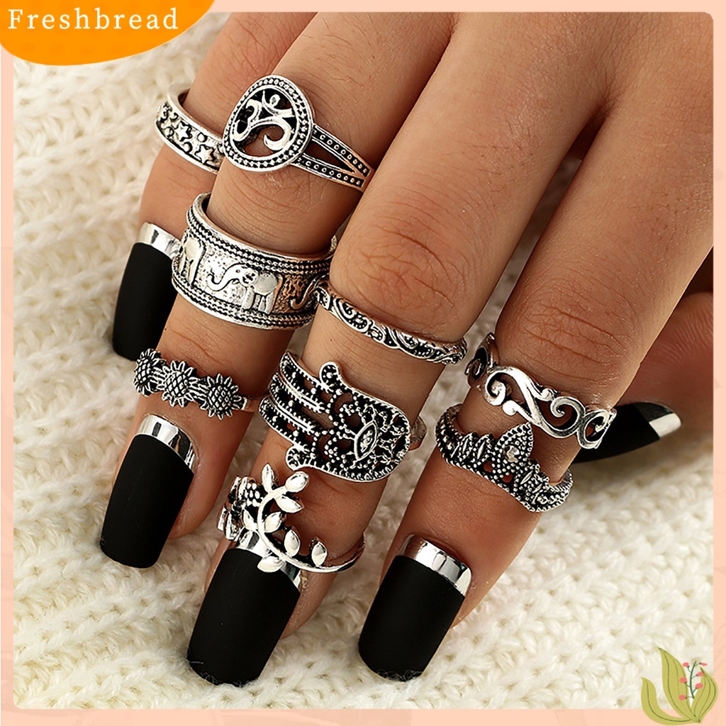 &lt; Freshbread &gt; 9 Pcs Cincin Buku Jari Stackable Bunga Ukir Warna Perak Bohemia Berongga Jari Cincin Aksesori Perhiasan