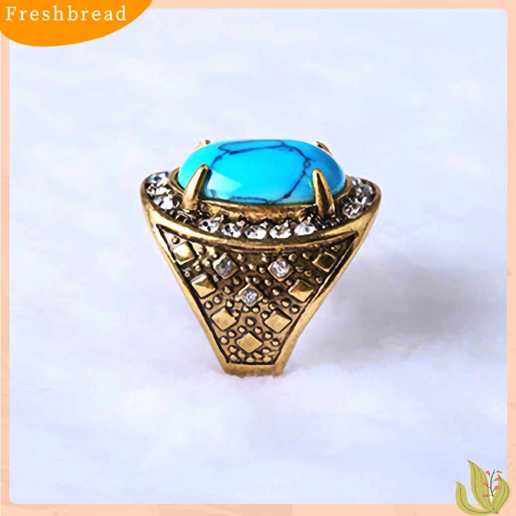 &lt; Freshbread &gt; Cincin Unisex Turquoise Hias Berlian Imitasi Retro Pria Wanita Perhiasan Cincin Untuk Pesta