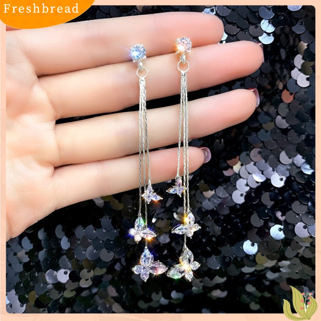 &lt; Freshbread &gt; 1pasang Drop Earrings Butterflys Perhiasan Berlian Imitasi Berkilau Temperamen Anting Menjuntai Untuk Perjamuan