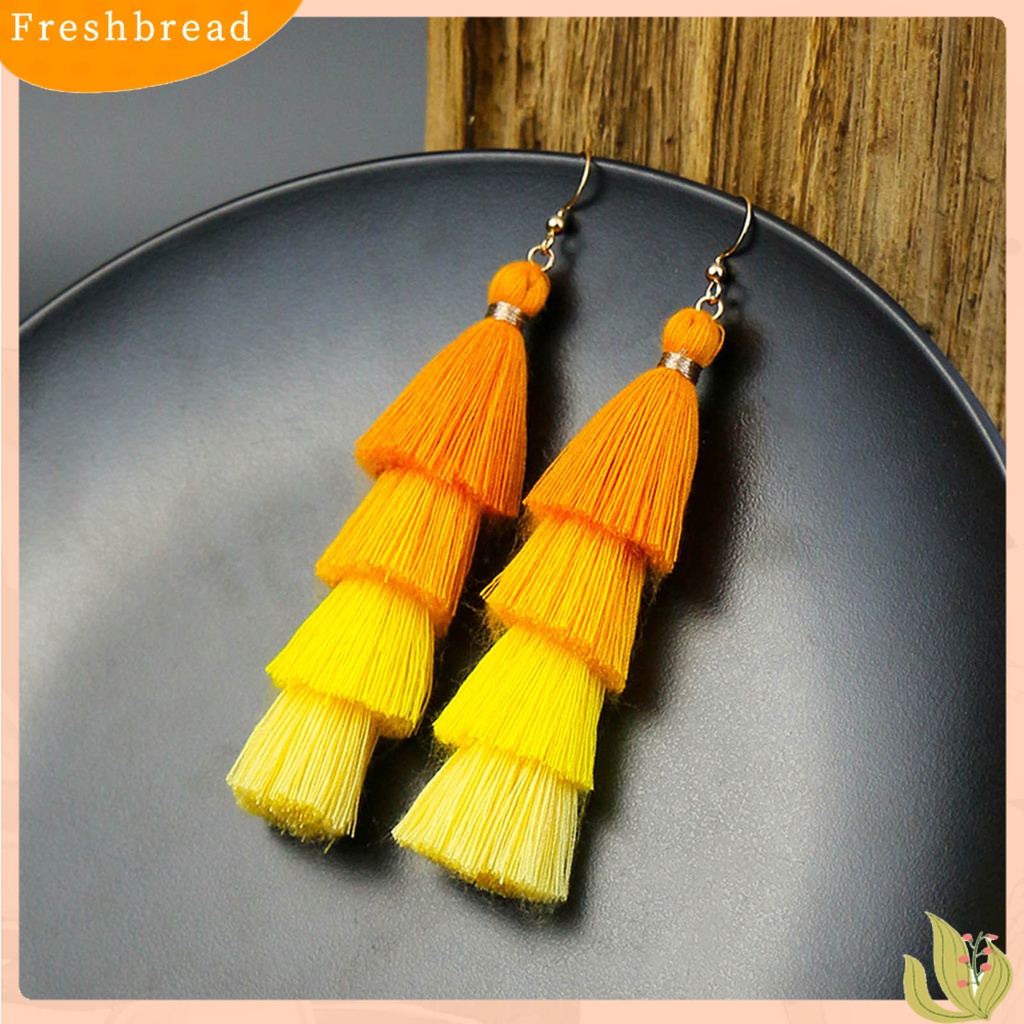 &lt; Freshbread &gt; 1pasang Anting Menarik Gaya Bohemia Ultra Panjang 4lapis Rumbai Fringe Menjuntai Anting Untuk Wanita