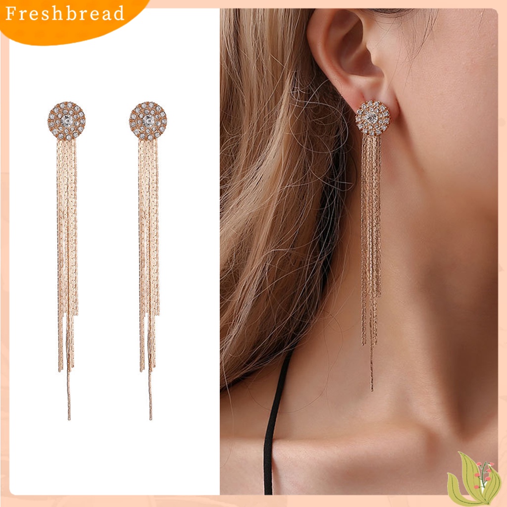 &lt; Freshbread &gt; 1pasang Anting Wanita Kristal Imitasi Bersinar Rumbai Electroplating Lurus Gantung Berdandan Aksesori Panjang Rumbai Menjuntai Anting Gantung Perlengkapan Kostum