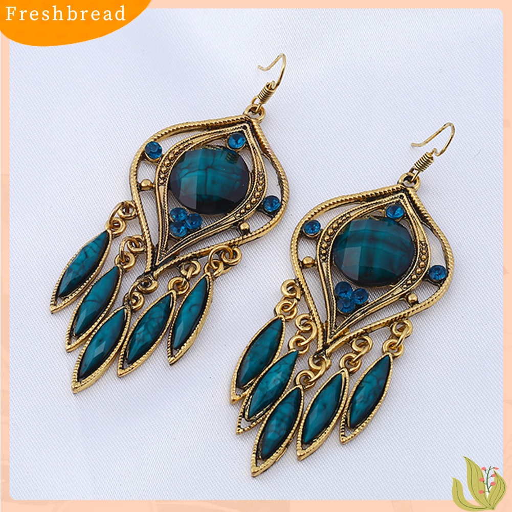 &lt; Freshbread &gt; Bohemian Wanita Berongga Ukir Resin Panjang Rumbai Menjuntai Kait Anting Perhiasan