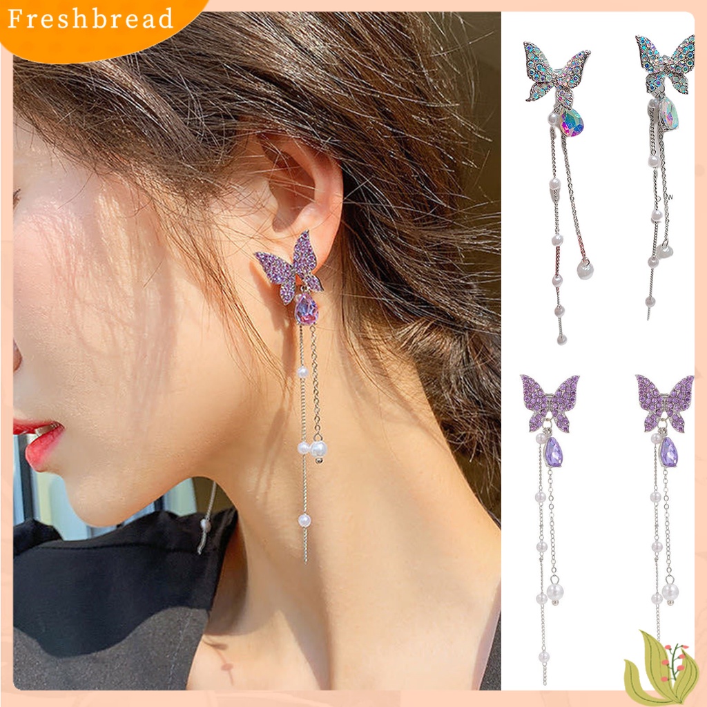 &lt; Freshbread &gt; 1pasang Berlian Imitasi Bersinar Rantai Rumbai Lady Earrings Hidup Kupu-Kupu Mutiara Imitasi Stud Earrings Elegan Earrings