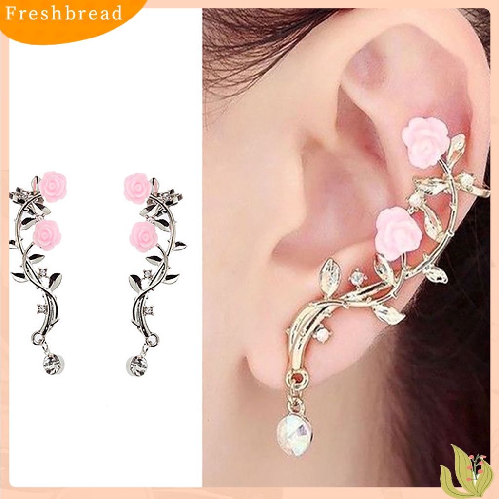 &lt; Freshbread &gt; 1pasang Berlian Imitasi Bersinar Tindik Telinga Studs Bunga Mawar Cabang Cuff Earrings Fashion Jewelry