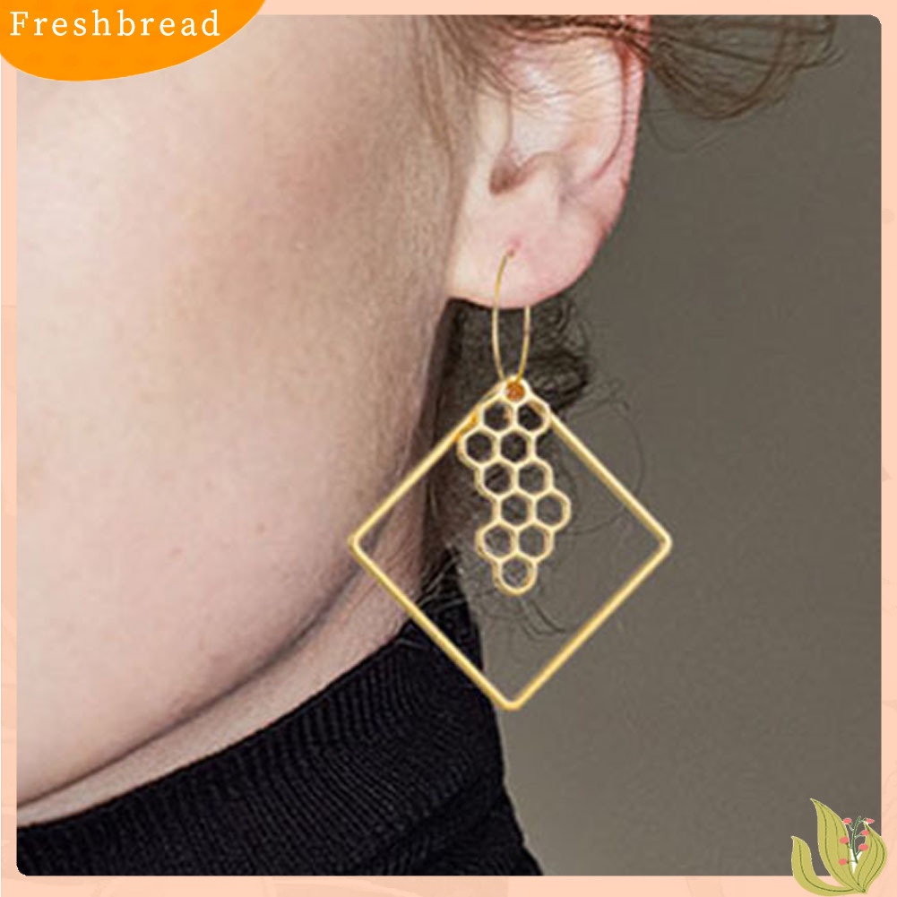 &lt; Freshbread &gt; Fashion Wanita Berongga Persegi Lebah Cherry Rose Panjang Menjuntai Hoop Earrings Perhiasan