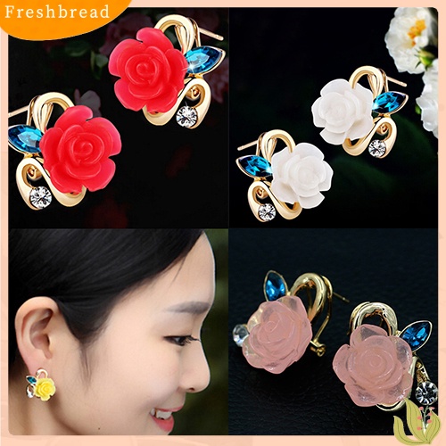 &lt; Freshbread &gt; Wanita Lucu Lady Berlian Imitasi Resin Bunga Mawar Anting Telinga Studs Perhiasan Hadiah