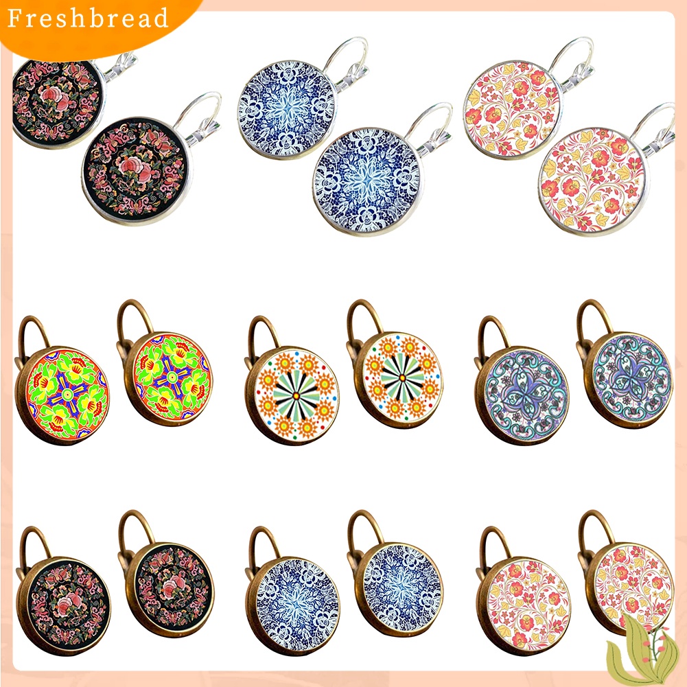 &lt; Freshbread &gt; Retro Mandala Bunga Bulat Perunggu Klip Telinga Gadis Wanita Leaverback Earrings