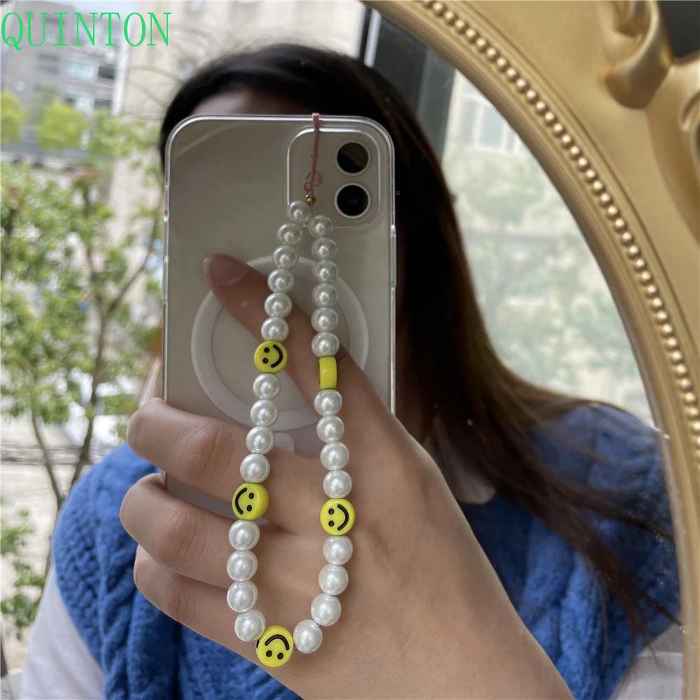 QUINTON Ins Trendy Mobile Phone Straps Colorful Soft Pottery Rope Cell Phone Lanyard Mobile Phone Chain Pearl Anti-Lost Acrylic Bead Smile Handmade Smiling Beads Chain