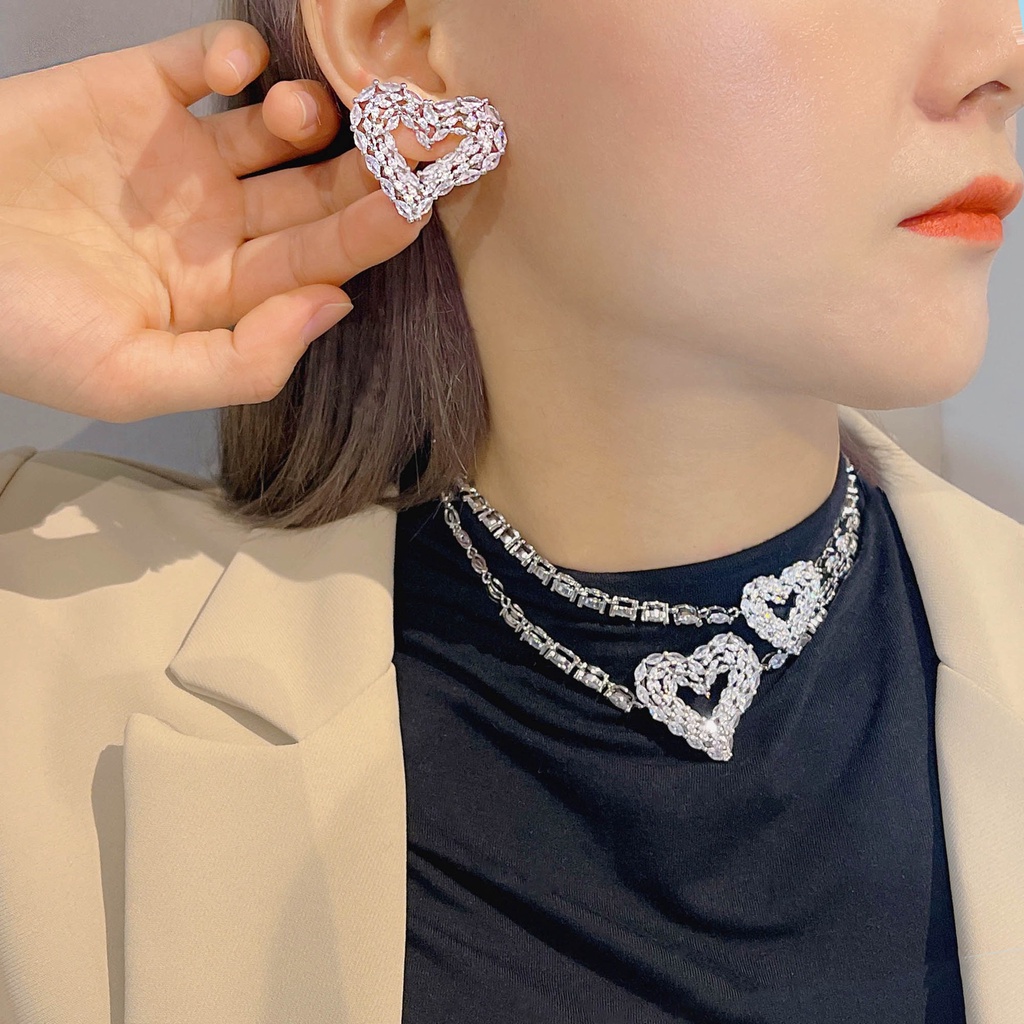 Goldkingdom Fashion Perhiasan Aksesoris Ready Stock Mewah Heavy Duty Hollow Hati Double Layer Kalung Kerah Rantai Telinga Studs Perempuan Desain Rasa