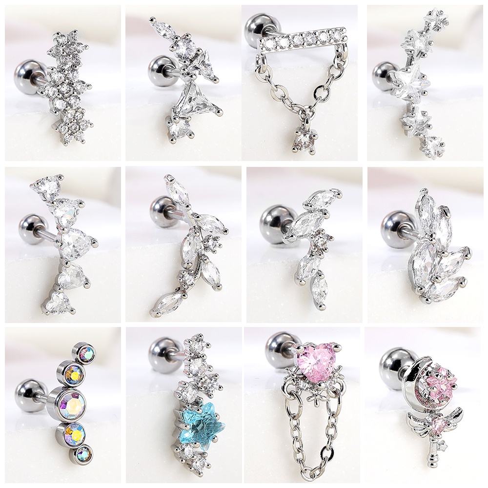 1pc Butterfly Stainless Steel Cartilage Stud Earrings Pink Heart Crystal Earring Bunga Telinga Stud Telinga Baris Helix Tragus Piercing