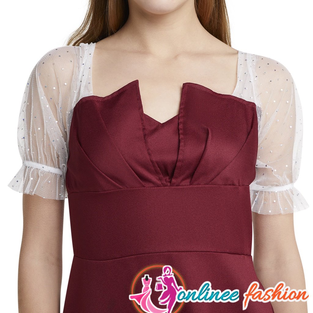 Midi Dress mosscrepe kombinasi tile gliter Lengan Pendek Dres Import Korea Casual Kimmy Maroon