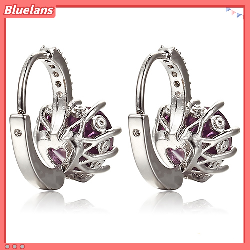 {In Stock} Wanita Elegan Ungu Bentuk Hati Berlian Imitasi Berlapis Emas Leverback Hoop Earrings