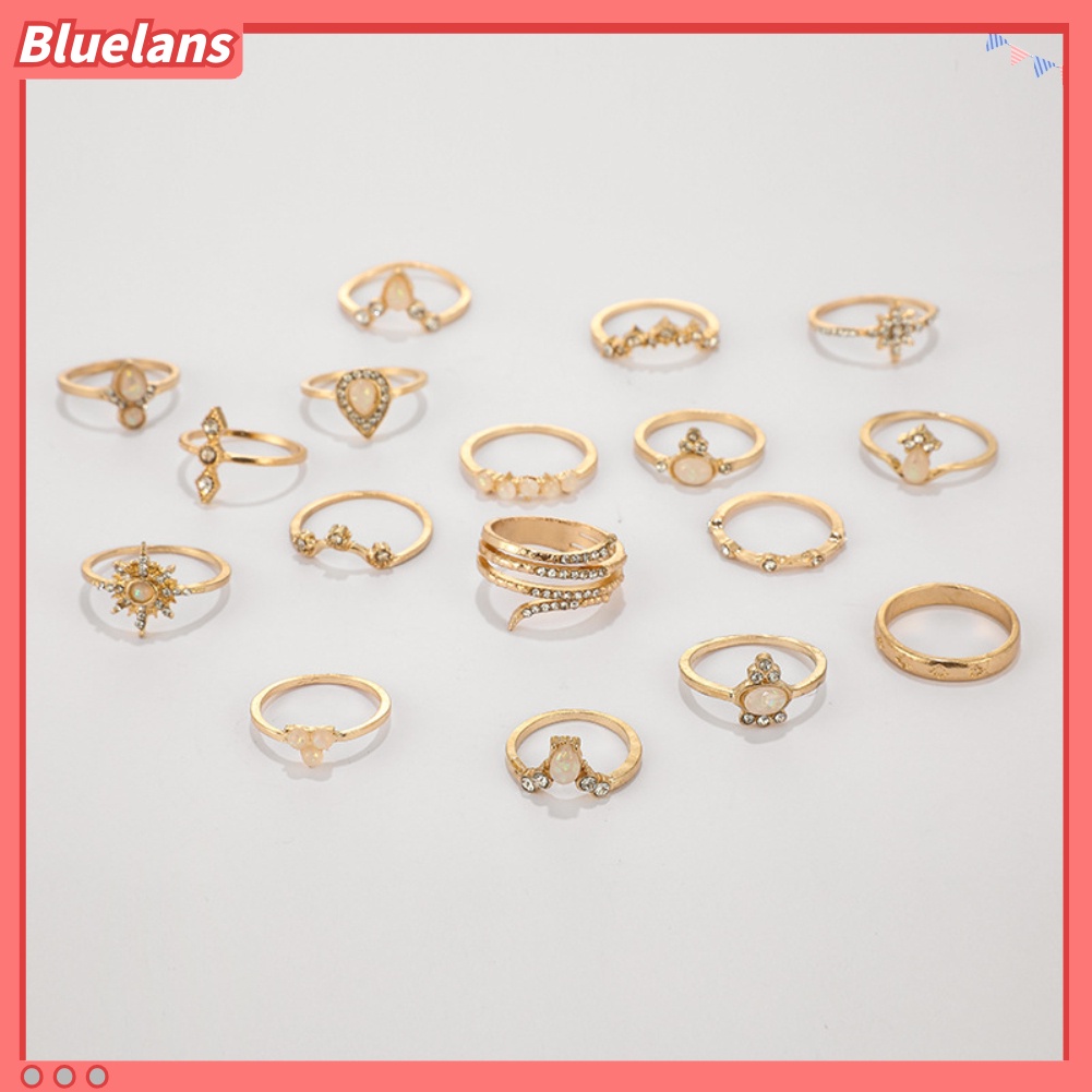 {In Stock} 17Pcs/Set Bohemian Wanita Berlian Imitasi Hias Bunga Jari Cincin Pesta Perhiasan Hadiah