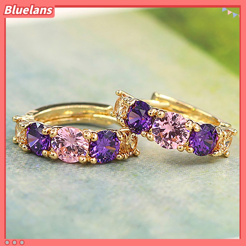 {In Stock} Wanita Fashion Berlapis Emas 9K Ungu Zirkon Eardrop Huggie Anting Perhiasan Hadiah