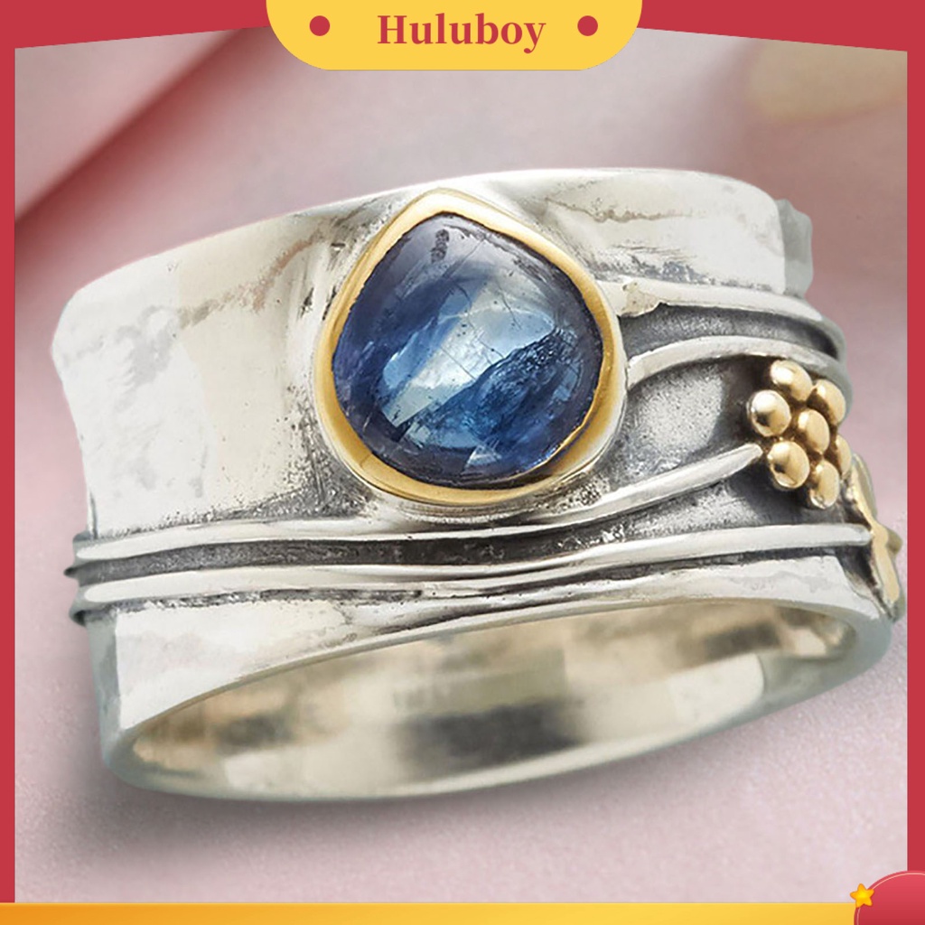 {Ready Stock} Cincin Vintage Two-tone Sederhana Statement Biru Permata Imitasi Daun Bunga Jari Cincin Perhiasan Aksesoris