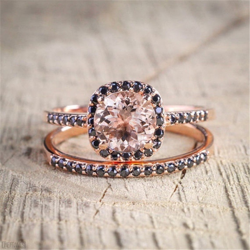 Goldkingdom Aksesoris Perhiasan Fashion Ready Stock Cincin Topaz Lapis Emas Mawar Bergaya Hitam Set Berlian Engagement Band