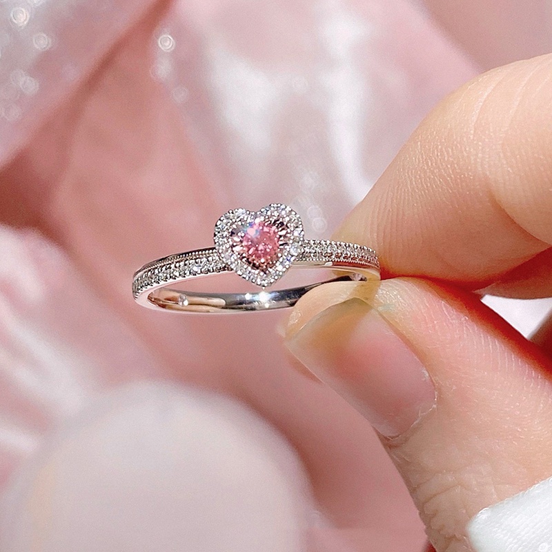 Wanita Fashion Merah Muda Jantung Cincin Zirkon Berlian Imitasi Cincin