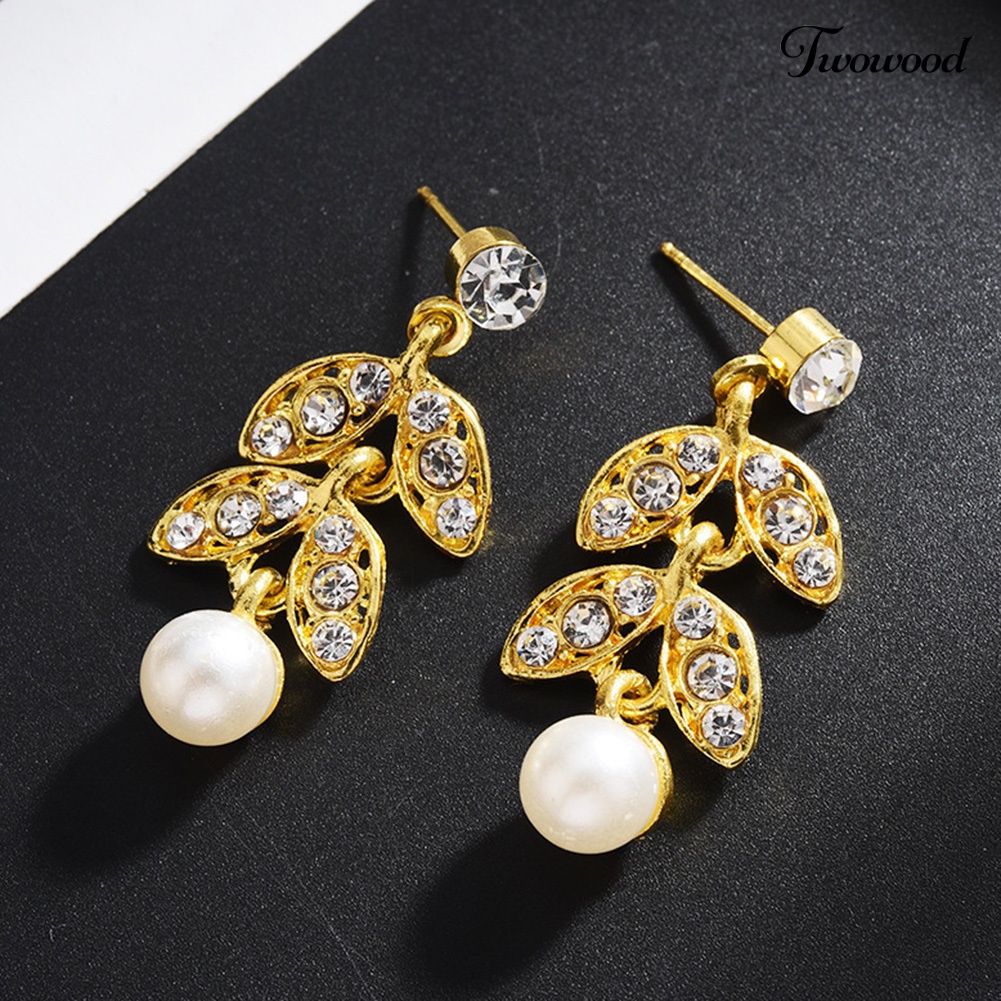 Twowood Faux Pearl Rhinestone Leaf Menjuntai Anting Kalung Bridal Set Perhiasan Pernikahan