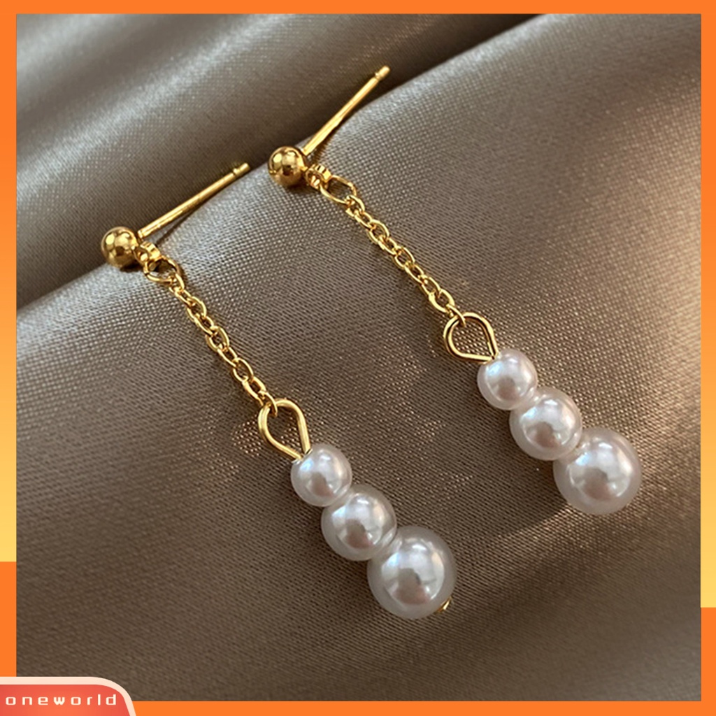 [OWR] 1pasang Anting Pejantan Dainty Elegan Golden Hypoallergenic High Gloss Mutiara Imitasi Rumbai Menjuntai Anting Fashion Perhiasan