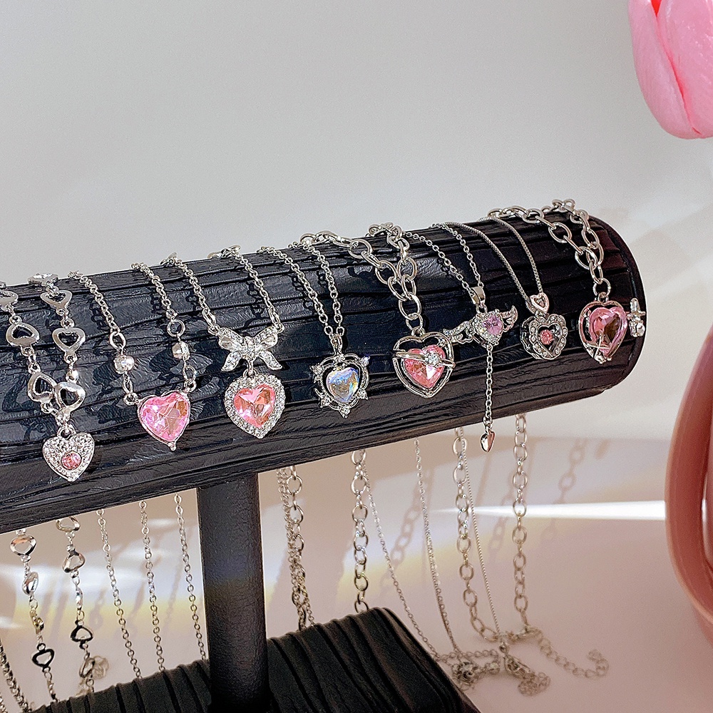 Kalung Anting Liontin Zirkon Kristal Pink Cincin Sweet Cross Heart Chain Choker Untuk Aksesoris Perhiasan Wanita