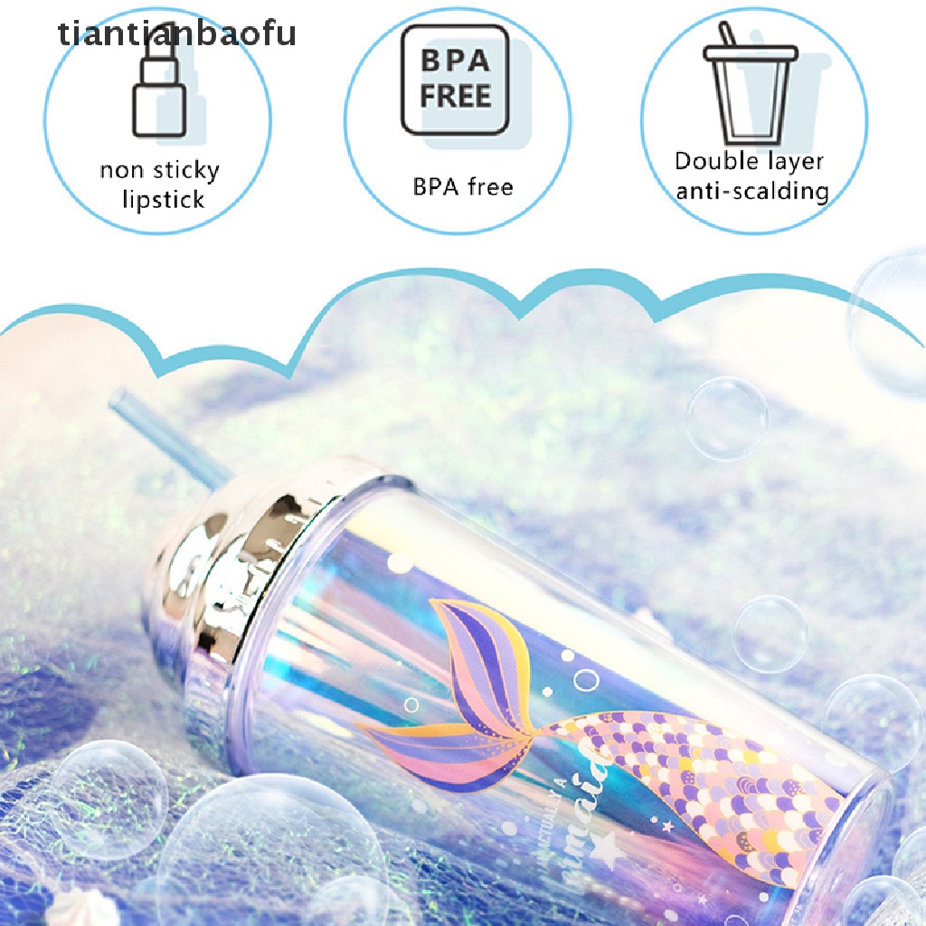 [tiantianbaofu] 420ml Cangkir Air Dengan Sedotan Double Wall Insulasi Panas BPA Free Anti Bocor Perlengkapan Minum Plastik Motif Mermaid Sippy Cup Butik