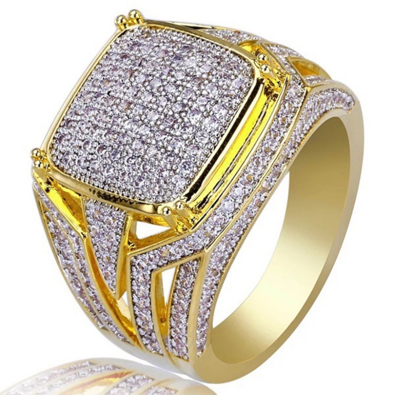 Goldkingdom Aksesoris Perhiasan Fashion Ready Stock Berlapis Emas Kuning Persegi Pria Penuh Berlian Cincin Dua Warna Pertunangan Band