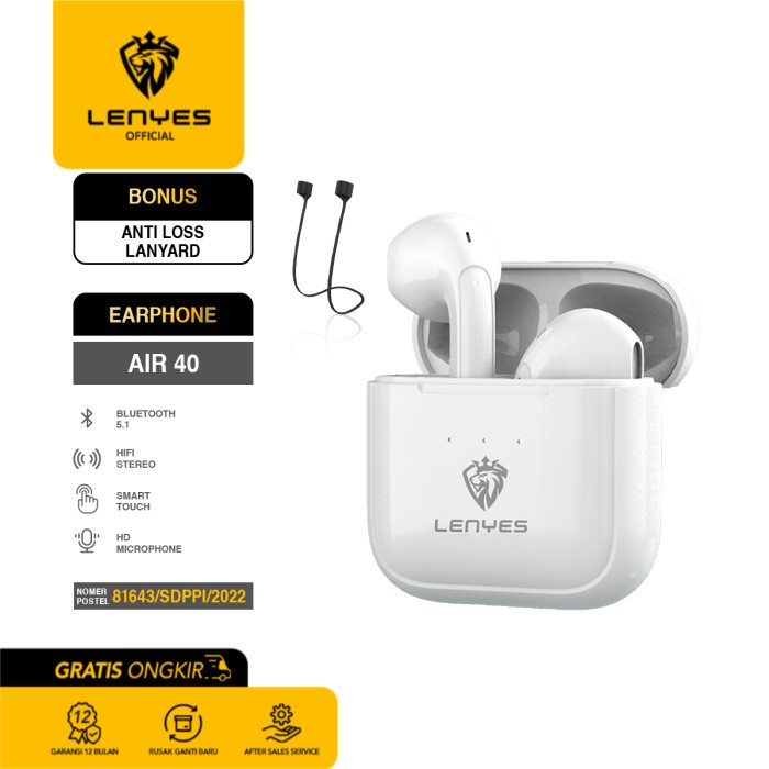 LENYES TWS Earphone Air 40 True Wireless Headset Touch Hi-Fi Bluetooth - Putih headset handsfree earbud rechargeable stereo in ear mini